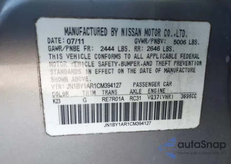 2012 Infiniti M37X z USA, uszkodzony, nr VIN JN1BY1AR1CM394127